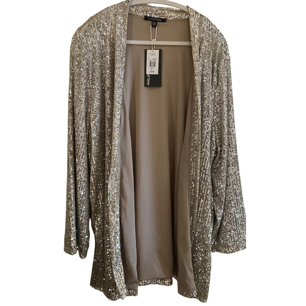 Laurel Grey EL Sequin Duster Cardigan Champagne Silver‎ XL New With Tags